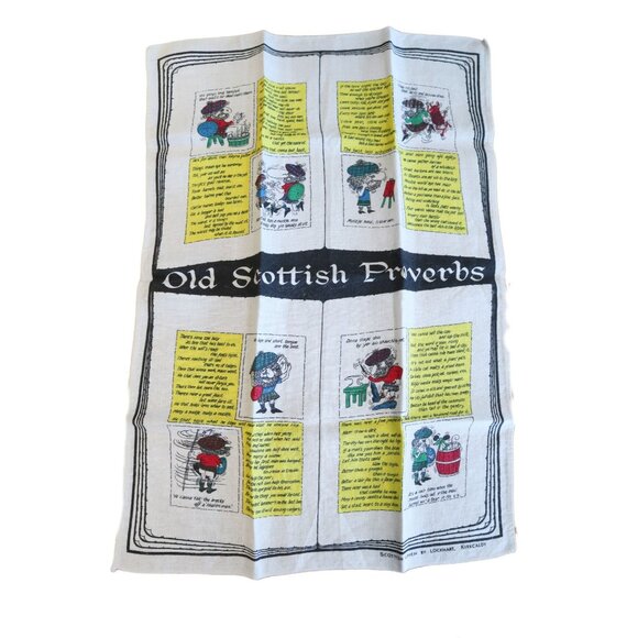 Tea Towel Souvenir Old Scottish Proverbs Tea Towel Linen Vintage - Picture 1 of 4